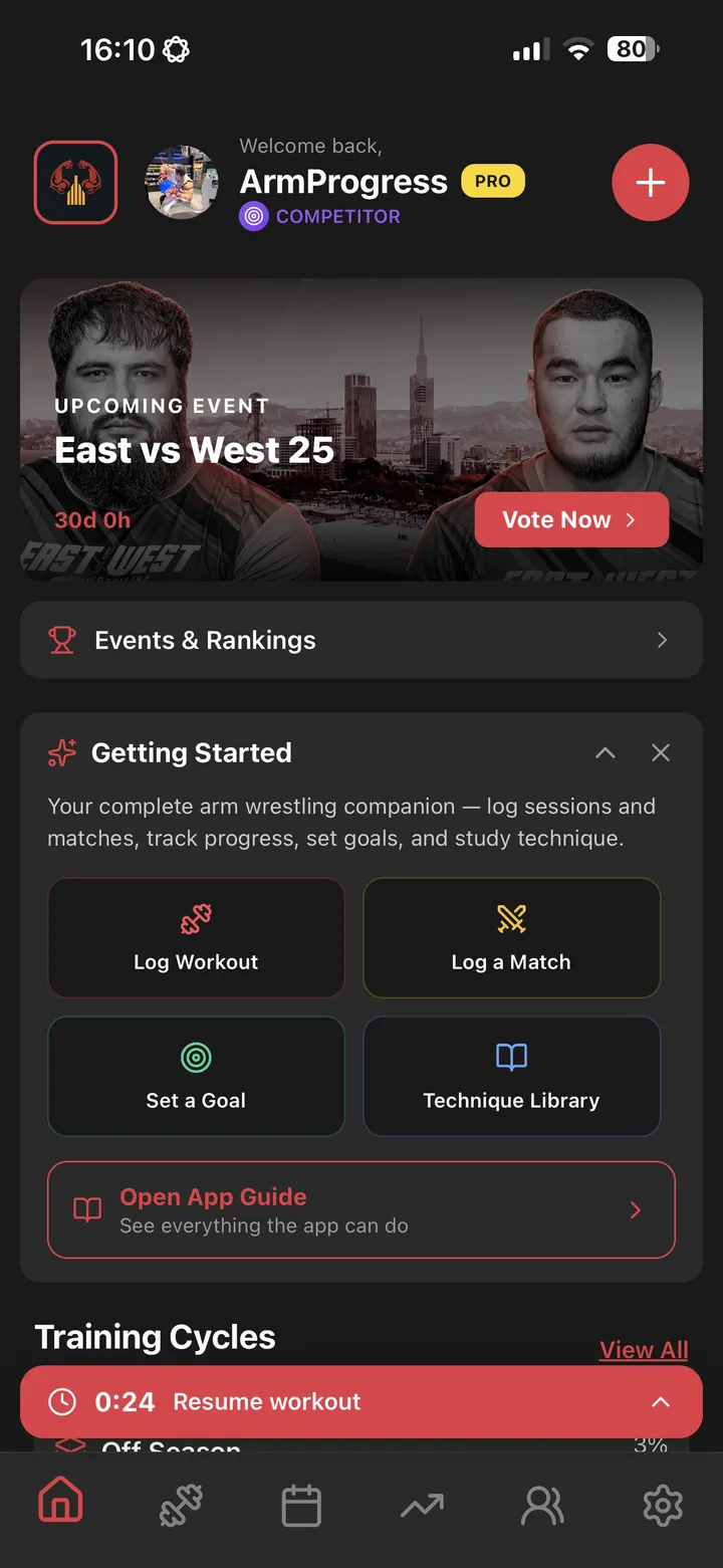 ArmProgress home dashboard — training, events and rankings