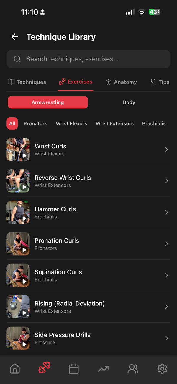 ArmProgress armwrestling exercise and technique library