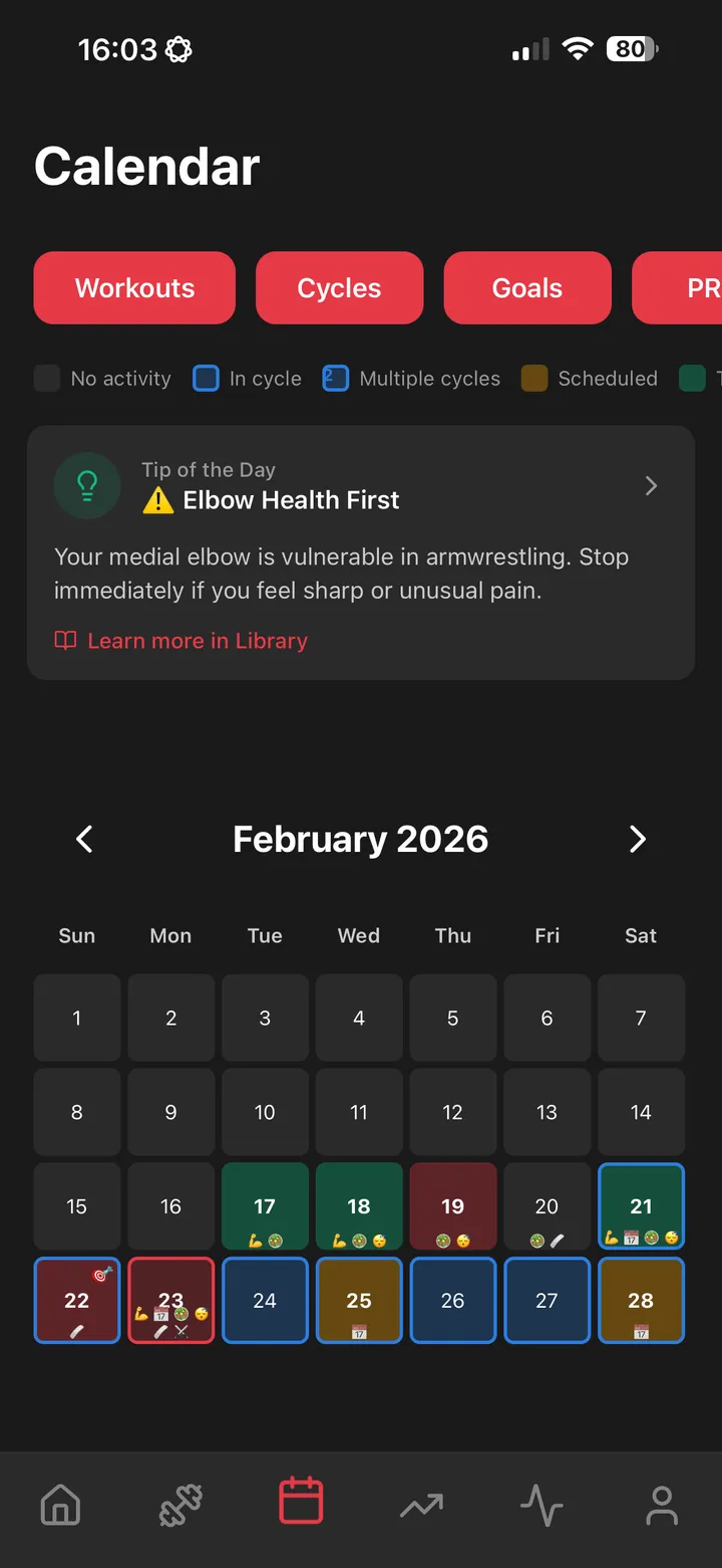 ArmProgress calendar — see your training across both arms over time