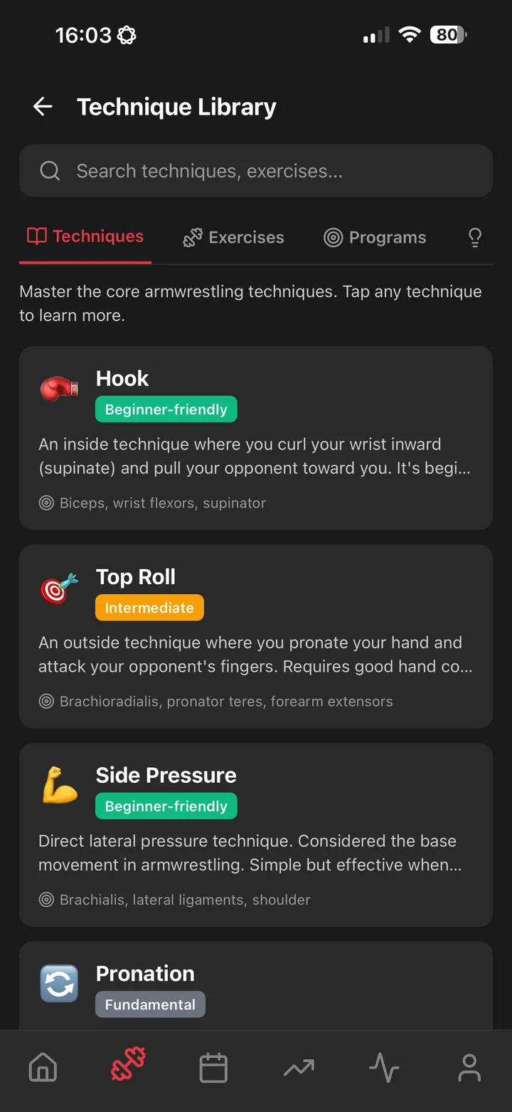 ArmProgress exercise library for armwrestling-specific movements